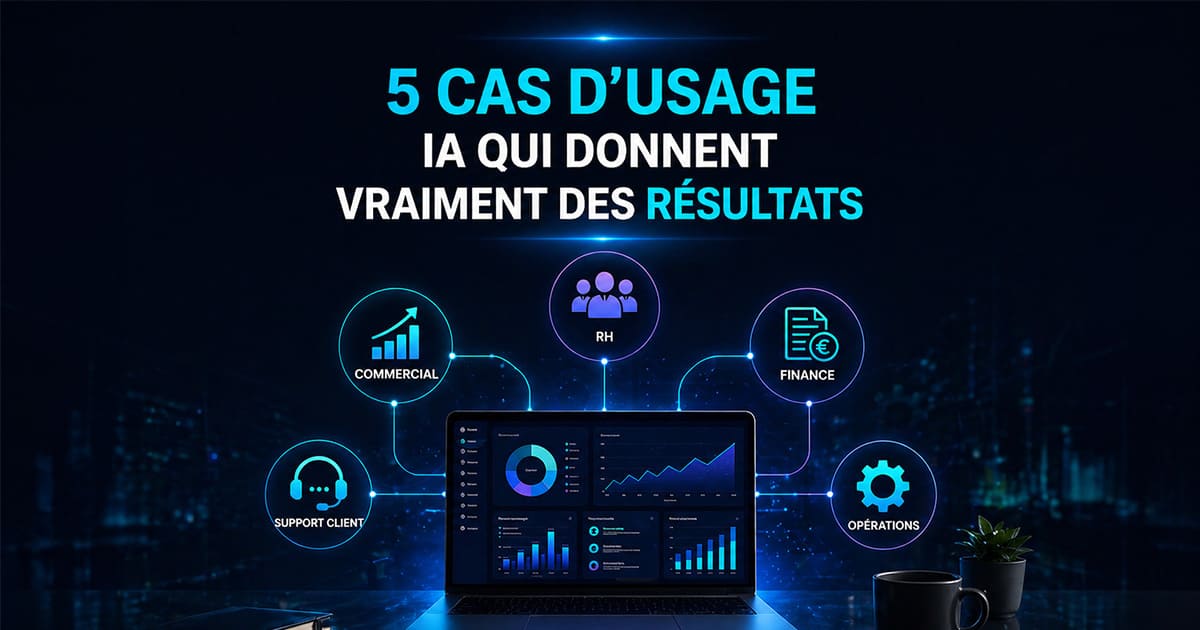 Illustration éditoriale des cas d'usage IA à fort ROI en entreprises et collectivités