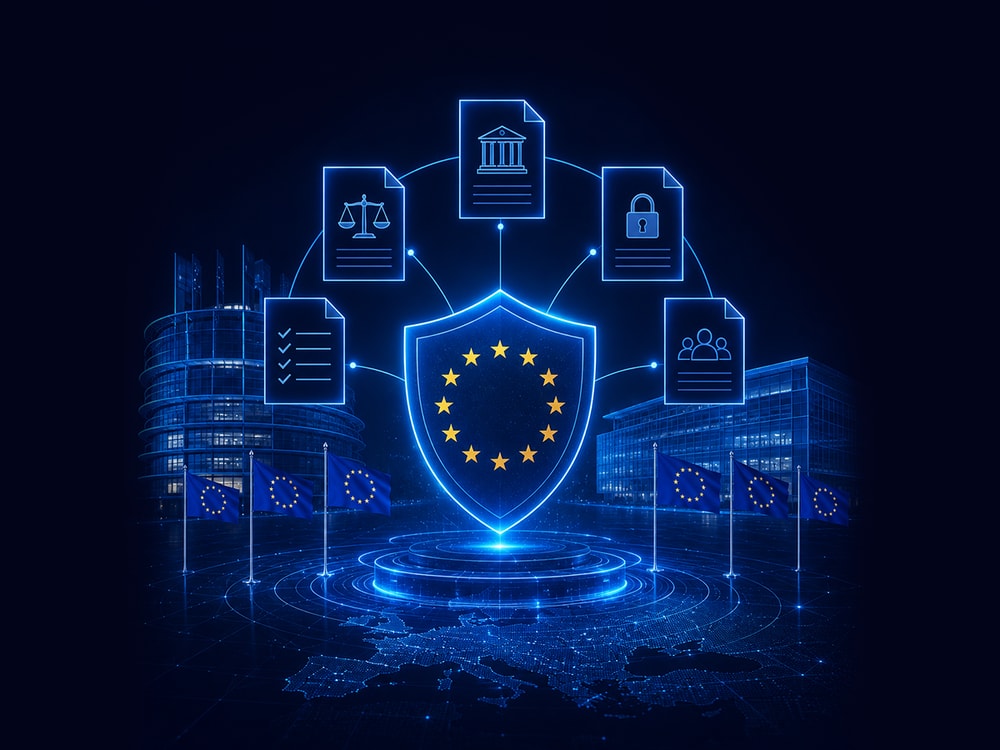 Bouclier aux étoiles européennes entouré de documents — conformité réglementaire européenne