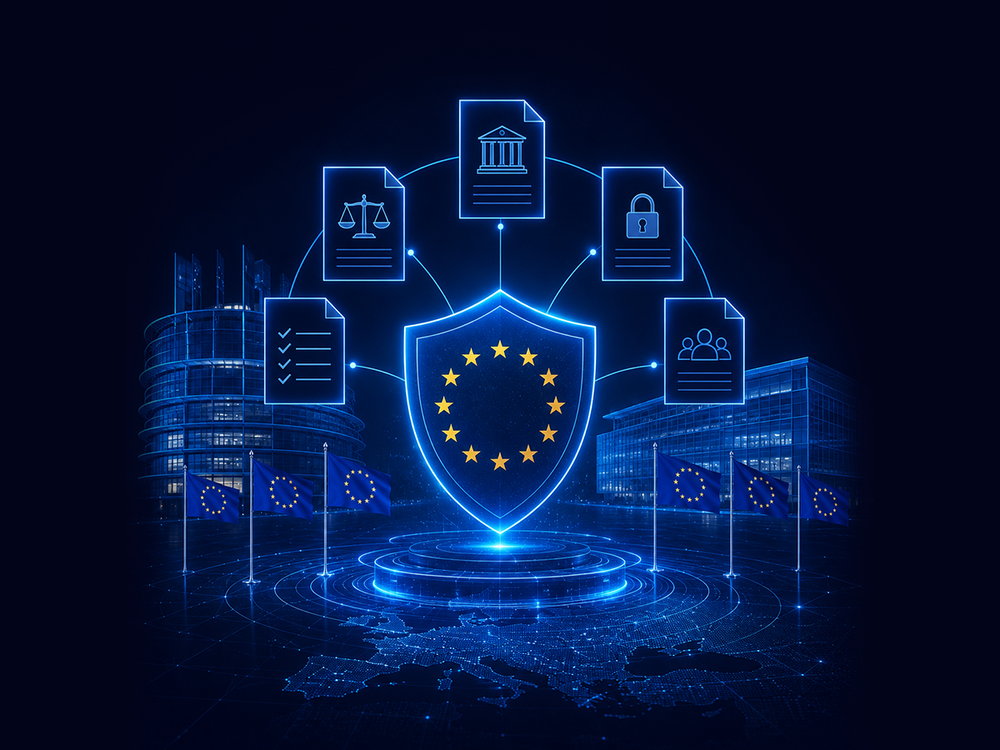 Bouclier aux étoiles européennes entouré de documents — conformité réglementaire européenne