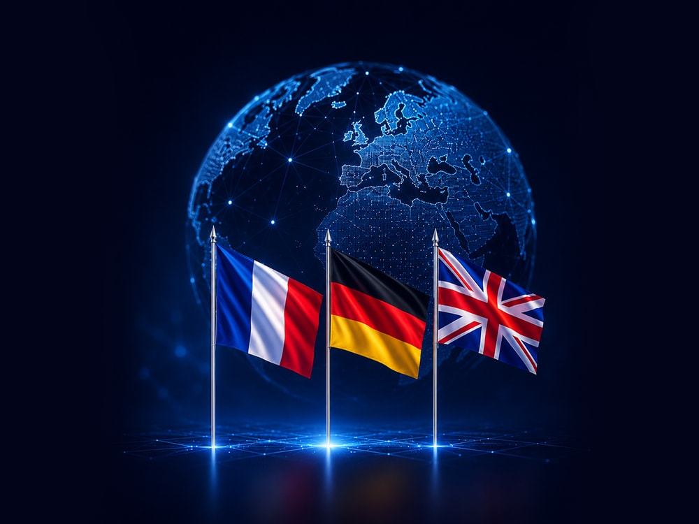 Drapeaux français, allemand et anglais devant un globe — accueil multilingue