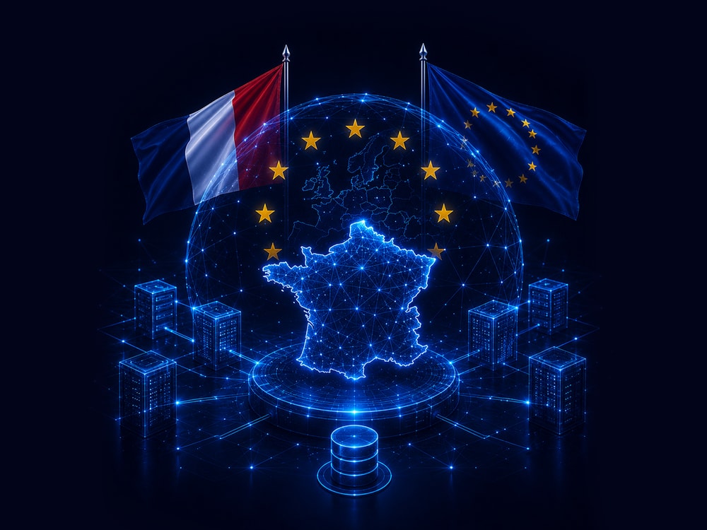 Carte de France dans une sphère aux étoiles européennes — souveraineté des données