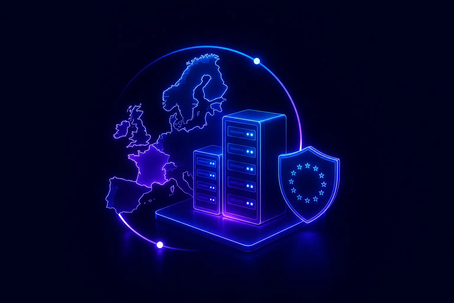 Illustration d'un hebergement europeen avec serveurs et bouclier de protection.
